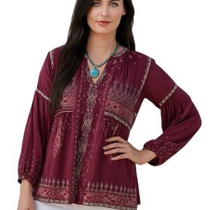 Johnny Was Biya Deliza  Embroidered Silk Blouse Vino Noir NWT (oversized)